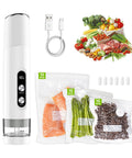 Cordless Handheld Food Vacuum Sealer With 30 Reusable Bags, USB cable, and sealed food items, 1800mAh Rechargeable Battery
