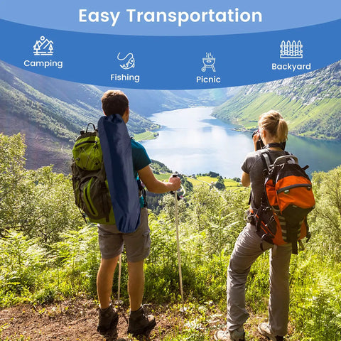 Hikers with detachable and retractable footrest hammock camping chair on scenic trail, showcasing portability for outdoor activities.