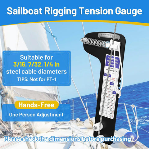 Sailboat Rigging Tension Gauge With Hands Free Clamp On Design For Solo Rigging, black metal gauge for 3/16-1/4 in cable