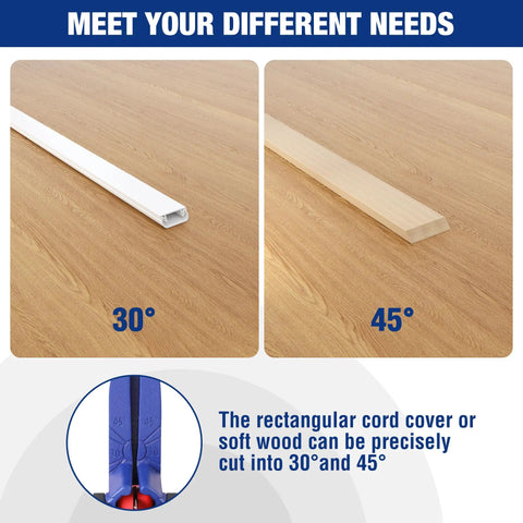 Versatile PEX And Hose Cutter With 1/8 To 1-5/8 Inch Cutting Capacity cutting 30 and 45 degree angles on cord cover and wood