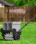18 Inch Heavy Duty Push Spike Lawn Aerator With Four Wheels Steel Handle Foam Armrests Manual Aerator In Use On Lawn