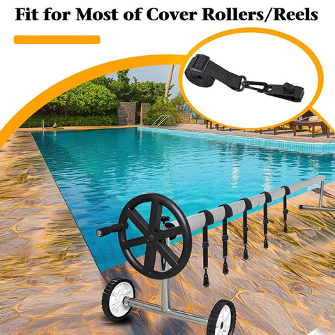 Upgraded Pool Solar Cover Reel Strap And Clip Kit Featuring Serrated Teeth Clamps That Lock Solid Without Slipping Fits Big Inground Pools with adjustable straps.