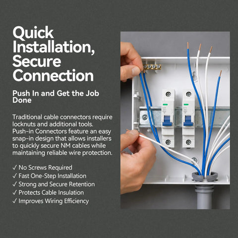 No Fuss Gray Push In Wire Connectors For Non Metallic Cable Bulk Fifty Pack in use with NM cables in junction box.