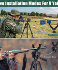 74 Inch Binocular Tripod With Adapter showing V Yoke modes, fixed angle and rotatable, used in hunting setup with rifle.