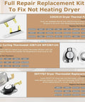 Full repair replacement kit for fixing non-heating dryers showing thermal fuse, cycling thermostat, and thermostat replacement.