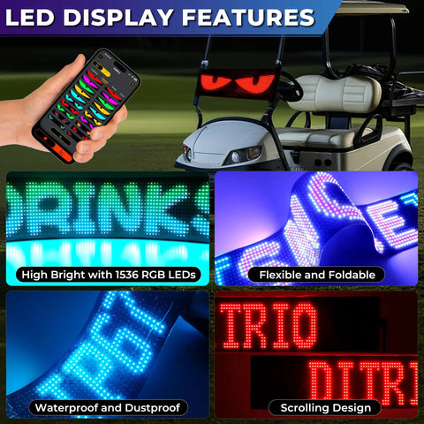 Programmable Flexible LED Eye Lights For Golf Cart And Vehicles 23x5In with App features including high brightness and scrolling text display
