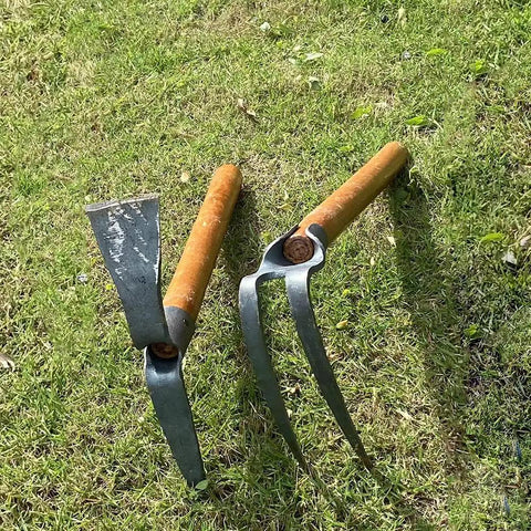 Go-To Two-Piece Garden Pick And Hoe Set, 19.6 inch, carbon steel with wooden handle on grass for digging and planting
