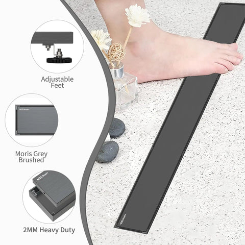 36 Inch Linear Shower Drain With Tile Insert In Moris Grey Stainless Steel, 2-In-1 Panel Floor Drain by foot, adjustable feet