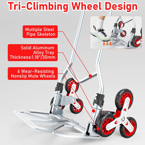 Rock Solid Stair Climbing Dolly Boasting Six Smooth Wheels And A Snappy Telescoping Handle Tough As Nails Aluminum Frame, Tri-climbing wheel design with wear-resisting wheels.