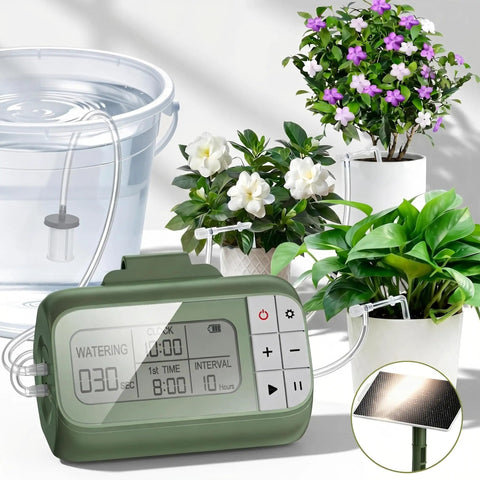 Sun Powered Timed Drip Irrigation Kit For Fifteen Plants With Thirty Three Foot Of Quarter Inch Tubing Includes Timer Unit
