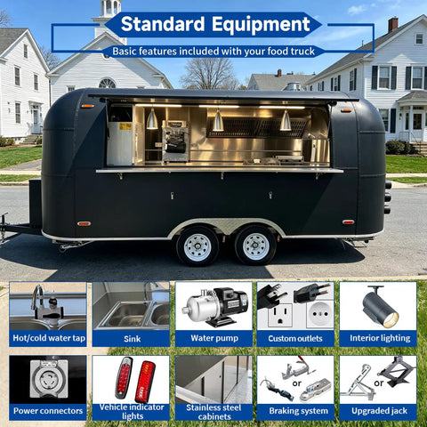 Turnkey Black Food Truck For Barbecue Catering Mobile Trailer With Handy Bathroom And Beefed Up Commercial Kitchen Setup For Legit Street Hustles On The Go, showcasing standard equipment features.