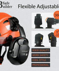 Side view of orange construction safety helmet with clear visor, earmuffs, six-point suspension, adjustable head size 53 to 63 cm.