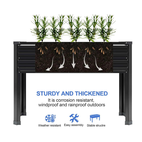Diagram of Set Of 2 Galvanized Raised Garden Beds With Legs, showing airflow and drainage, 48 by 18 by 30 inches, weather-resistant design.