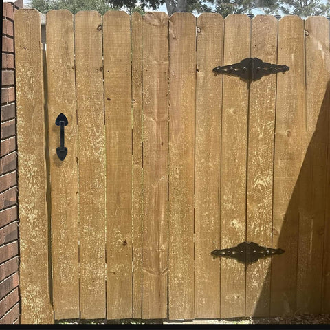 Heavy Duty Barn Door Handles 7.5 Inch Cast Iron Gate Pulls For Outdoor Gates Sheds And Sliding Barn Doors In Black Matte Finish Rust Resistant Powder Coated Built Tough 2 Pack With Mounting Screws installed on wooden gate.