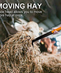 Using a 5 Tine Pitchfork For Gardening Heavy Duty With Fiberglass Handle in a barn to move hay efficiently.