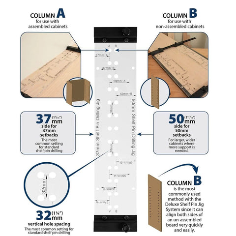 Dual Sided Shelf Pin Jig With One Quarter Inch And Five Millimeter Self Centering Drill Bits, Adjustable Shelf Jig with diagram