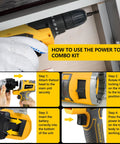 Instructions for using Six Tool 18V Cordless Power Tool Kit With Drill Circular Saw Palm Sander Impact Driver Reciprocating Saw And LED Battery Adapter Compatible With Makita 20V Batteries Includes Two 4.0Ah Batteries And Fast Charger