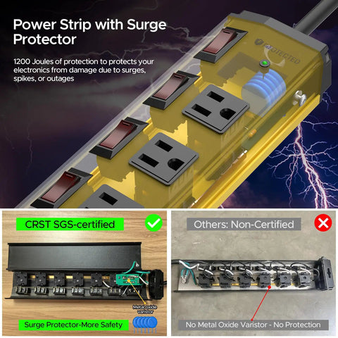 Heavy Duty Metal Power Strip With Six Individually Controlled Switches And 1.77 Inch Wide Outlet Spacing For Bulky Plugs, 1200 Joule Surge Protection, 6 Foot 14 AWG Cord With Flat Plug, Wall Mountable For Home Garage Or Shop