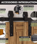 Accessories for Black Rustic Bypass Sliding Barn Door Hardware Kit For Double Doors, 6ft Flat Track, including classic steel rollers.