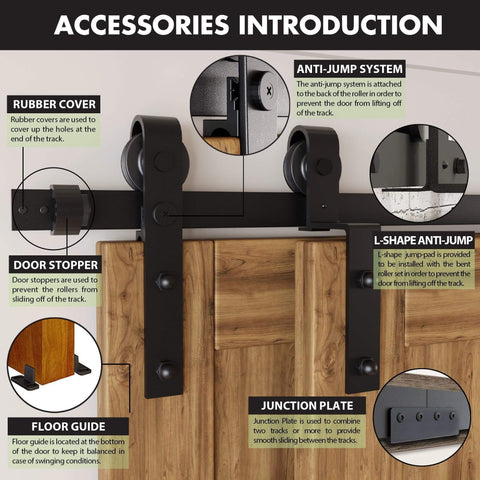 Heavy Duty Black Rustic Single Track Bypass Sliding Barn Door Hardware Kit For Four Doors With 11 Foot Long Flat Track And Classic Roller Design Includes Two Flat Rollers And Two Bent Rollers components overview