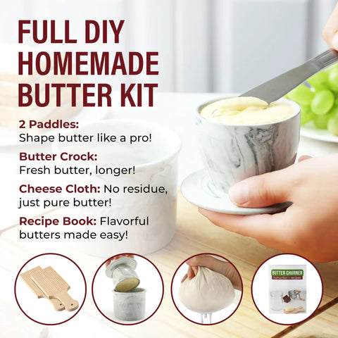 Hand Crank Butter Churner Mason Jar With Ceramic Crocks And Super Easy Old Fashioned Creamery Kit with butter paddle and crock.