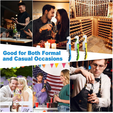 Collage featuring 40 Piece 3 In 1 Wine Opener Corkscrew Set With Serrated Foil Cutter for waiters and home bars in various scenes.