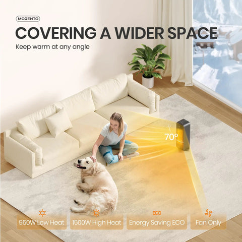 Smart Indoor Space Heater With Wi Fi And Voice Control 1500W Portable Electric Heater in living room with dog and person