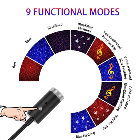USB Star Light Sound Activated Night Light For Car And Home With 3 Color Options And 9 Modes showing functional modes chart