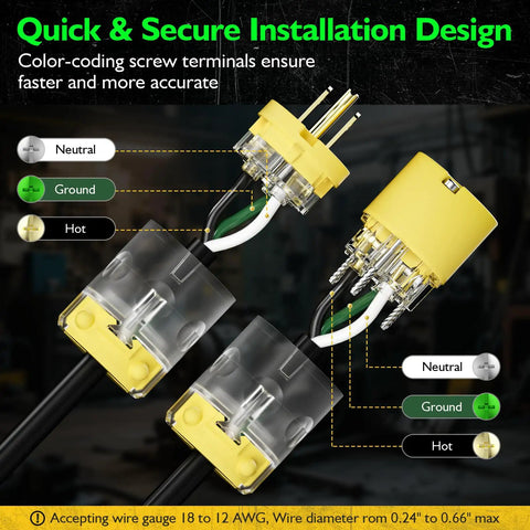 Lighted Extension Cord Ends Replacement Plug 15A 125V NEMA 5-15P To 5-15R Male And Female UL Listed Power Connector With Lit LED Indicator 3 Prong Yellow, wire terminals