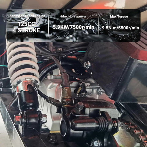 Engine view of 125cc Go Kart with 3 Speed Semi Auto Transmission and Reverse, showcasing suspension and torque specs.