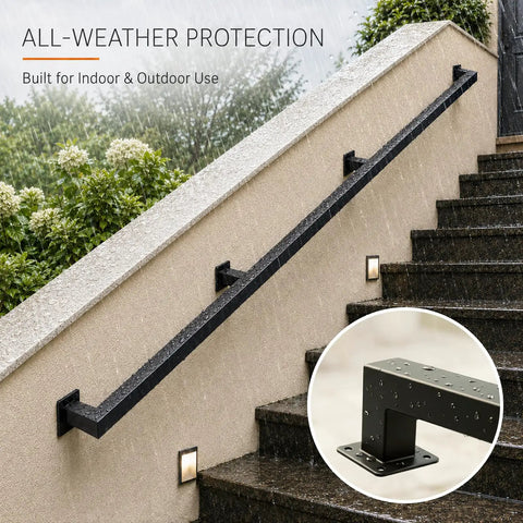 Dead Tight Six Foot Industrial Pipe Hand Rails For Indoor Stairs And Outdoor Decks Featuring Sleek Matte Black Finish with wall mounts in rainy weather.