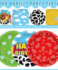Legendary 7 Inch Cartoon Story Paper Plates 60 Pack Boy Birthday Party Supplies featuring assorted designs including cow print and rockets.
