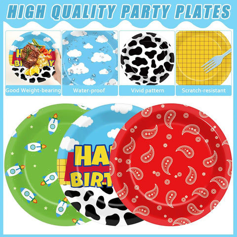 Legendary 7 Inch Cartoon Story Paper Plates 60 Pack Boy Birthday Party Supplies featuring assorted designs including cow print and rockets.
