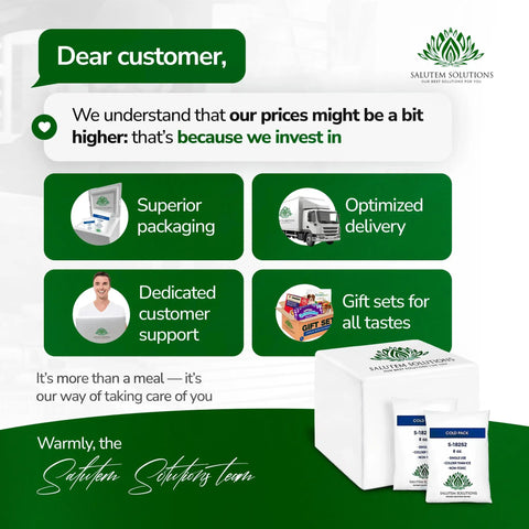 Graphic showing customer service commitment with features like superior packaging and optimized delivery from Salutem Solutions.