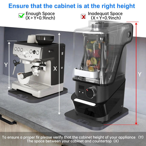 Two Way Appliance Sliding Tray with Eight Wheels under coffee maker and blender on kitchen countertop.