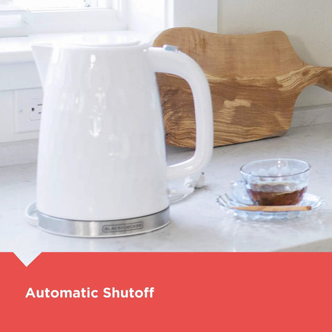 1.7L Cordless Electric Kettle with Rapid Boil, Auto Shutoff, and Water Window, Premium Textured Finish in White on kitchen counter