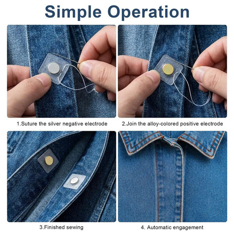 Hidden Magnetic Sewing Snaps 1.18-Inch Hella Strong and Low Profile for DIY Clothing Fixes with a Value Set of 24 Pairs, showing installation steps.