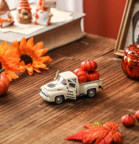 Fall Harvest Mini Metal Truck Decor With Three Pumpkins on a Wooden Table, Vintage Diecast Farm Truck for Tiered Tray, Thanksgiving Home Decor