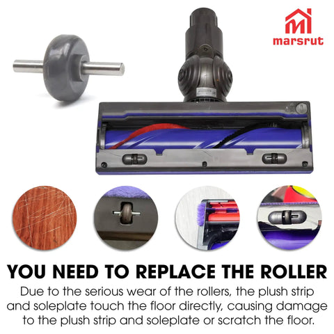 4 Pairs Soleplate Wheels Replacement For V6 V7 V8 V10 V11 V15 Drive Cleaner Head Rollers, showing worn-out parts and instructions for replacement.