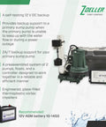 Complete Sump Pump System With M53 Primary Pump And 12 Volt Battery Backup Self Testing Controller Check Valve Float Switches And PVC Discharge Piping For Reliable Basement Flood Protection displayed with components and features.