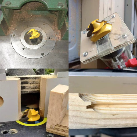Premium Built Tough 45 Degree Lock Miter Router Bit Set With Half Inch Shank And Three Cutting Heights for precise wood joinery in use.