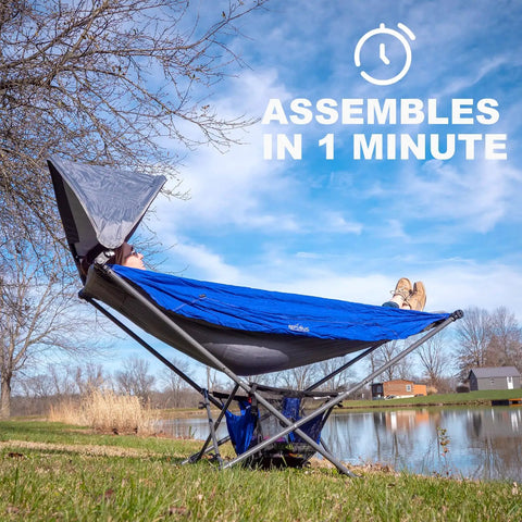 Portable Hammock With Stand No Trees Needed Compact Folding Framed Hammock With Adjustable Sunshade Canopy in blue.