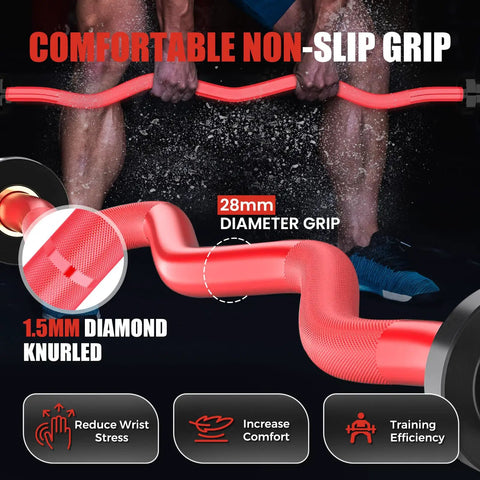 Close-up of 47 Inch EZ Curl Bar for Olympic Plates Beast Mode Ready, 500 Pound Capacity, featuring ergonomic wave grip design.