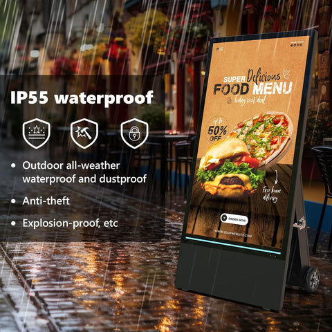 55 Inch Outdoor Digital Signage Display Loaded Up With 4K UHD LCD And IP55 Waterproof Shield Boasting 1800 Nits Auto Brightness for outdoor food menu.