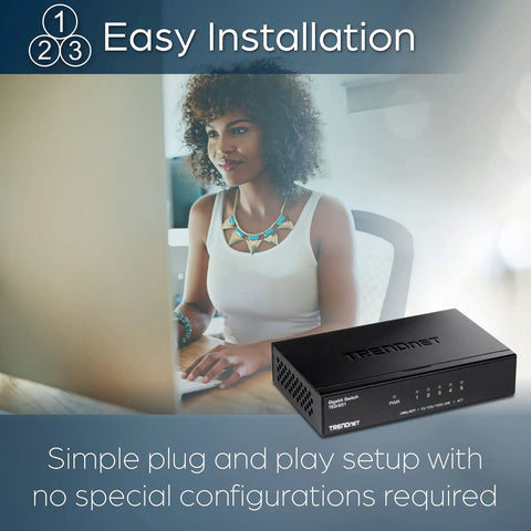 Woman using Gigabit Desktop Switch With Five RJ45 Ports For Fast Home Or Office Network on desk, easy plug and play.