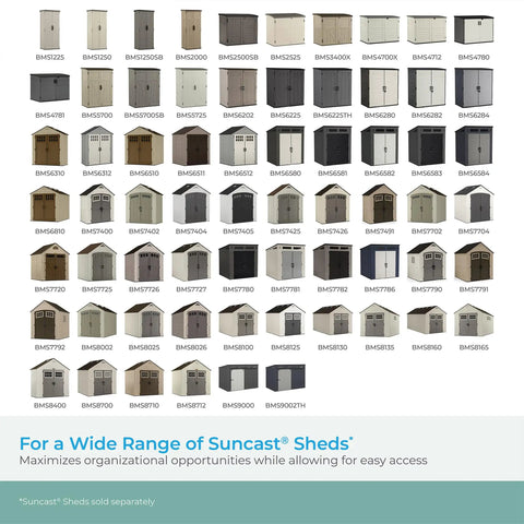 Image displaying a variety of Suncast shed models in different colors and designs.