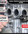 Damaged Bolt And Stud Extractor For One Quarter To One Half Inch Studs in use on engine block with wrench and knurled grip detail