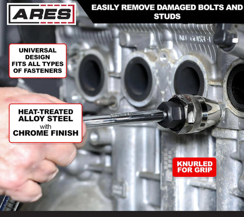 Damaged Bolt And Stud Extractor For One Quarter To One Half Inch Studs in use on engine block with wrench and knurled grip detail