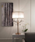 35 Inch Rosie Crystal Table Lamp With Copper Finish And Deer Antler Inspired Design on side table, UL Listed 40 Watt Max