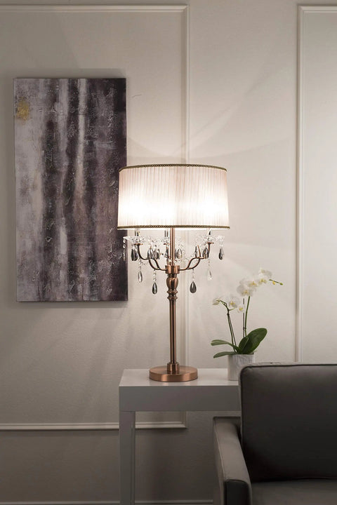 35 Inch Rosie Crystal Table Lamp With Copper Finish And Deer Antler Inspired Design on side table, UL Listed 40 Watt Max
